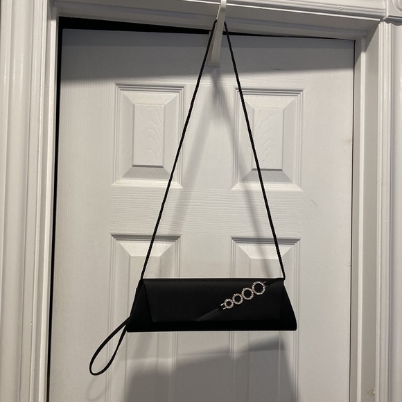Black Satin Shoulder Evening Bag / Wristlet With Round Crystal Design - Picture 9 of 15
